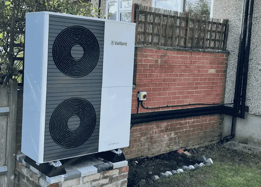 Air to water heat pump installed beside a London house